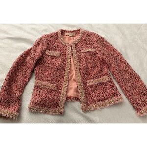 Boston Proper Pink Tweed Bouclé Blazer Gold Chain Trim Fringe Open Front Jacket
